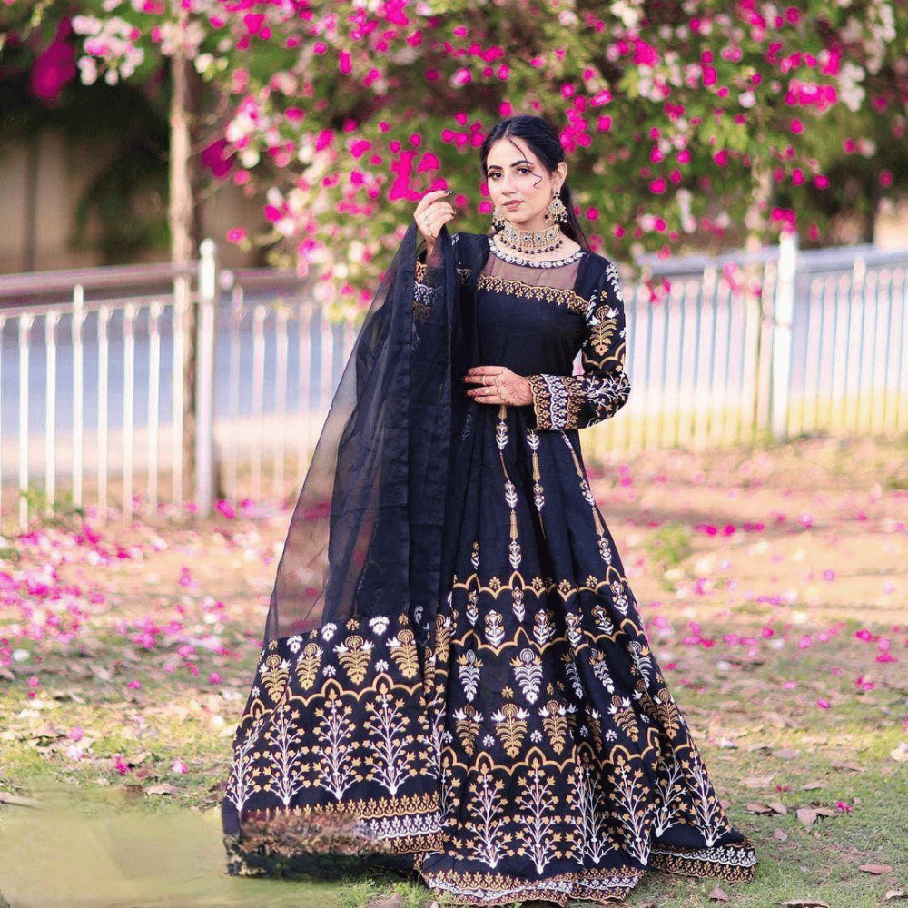 Navy Blue Embroidered Anarkali Dress Set