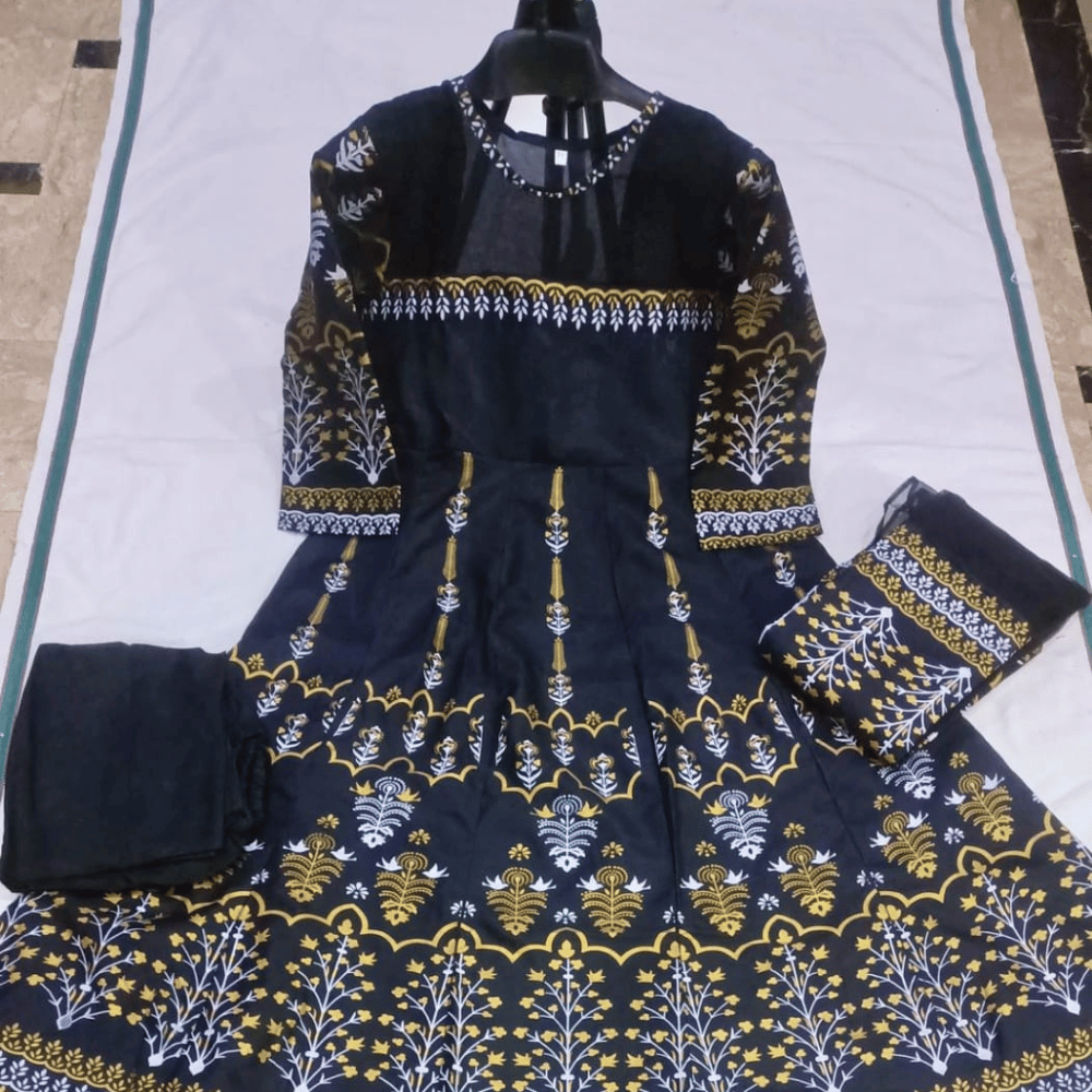 Navy Blue Embroidered Anarkali Dress Set