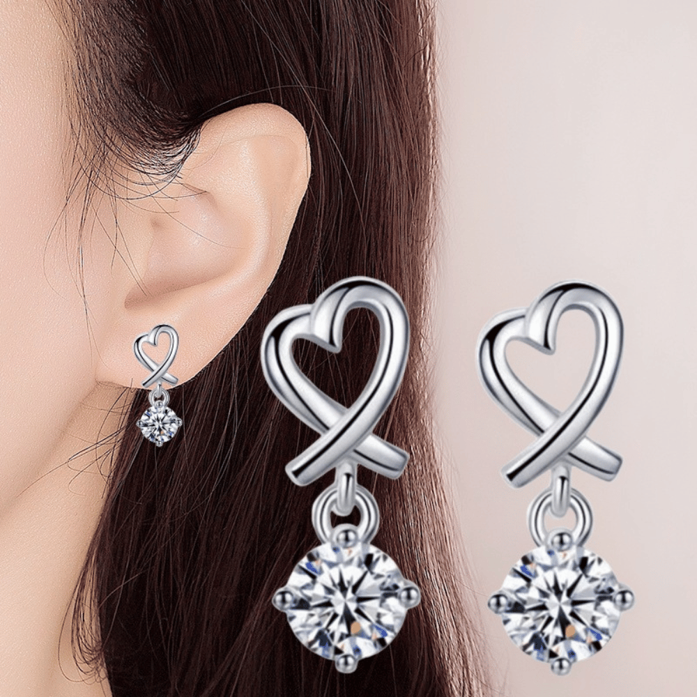 Silver Heart Crystal Drop Earrings