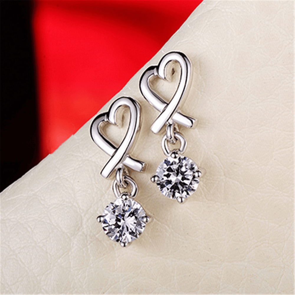 Silver Heart Crystal Drop Earrings