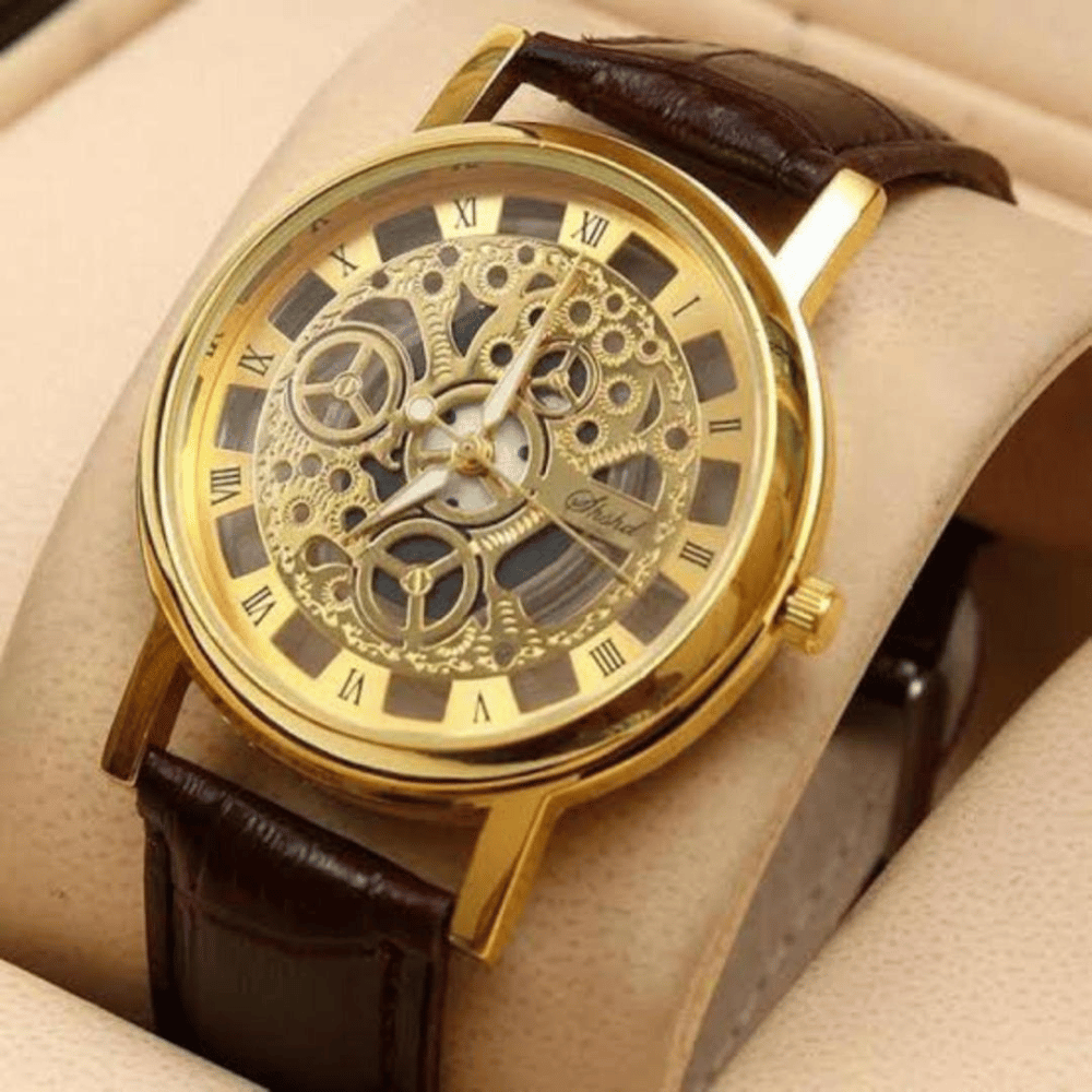 Golden Skeleton Leather Wristwatch