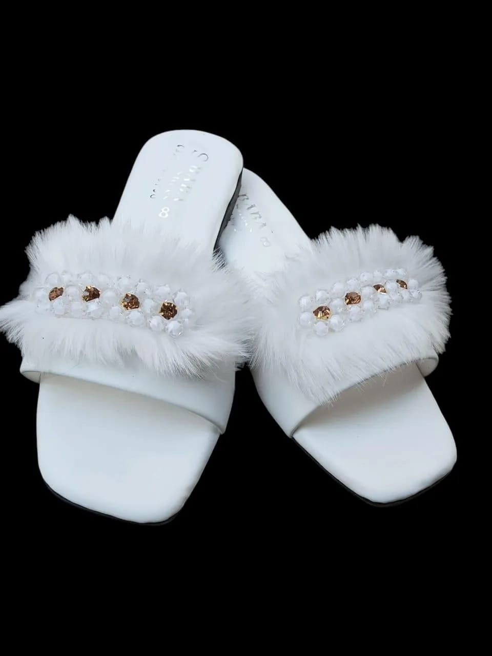 White Fluffy Slippers with Crystal Embellishments for Women