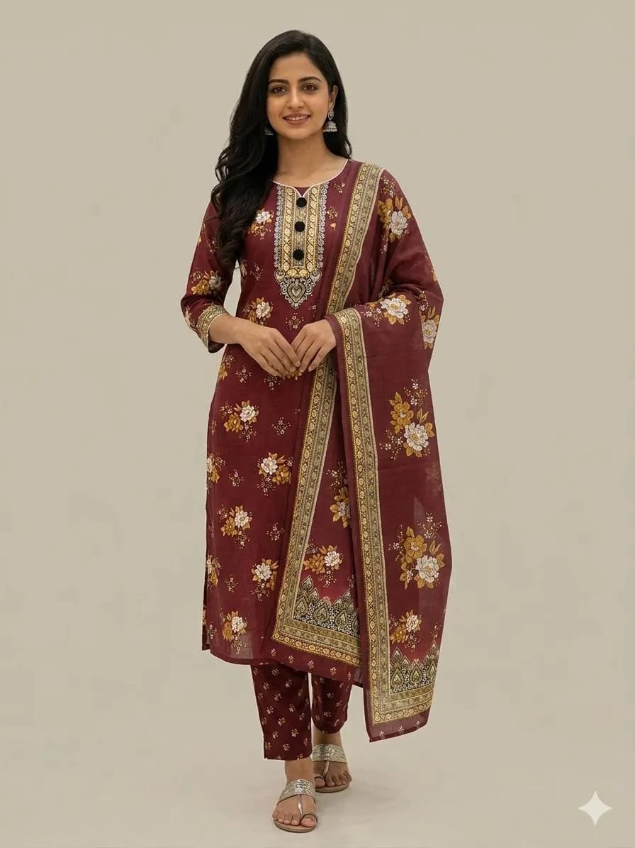 Maroon Floral 3-Piece Kurta Set for Women