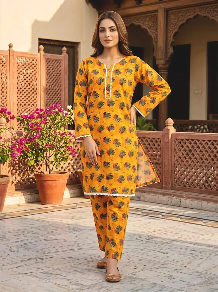 Cotton Lawn Leaf Print 2-Piece Set for Women