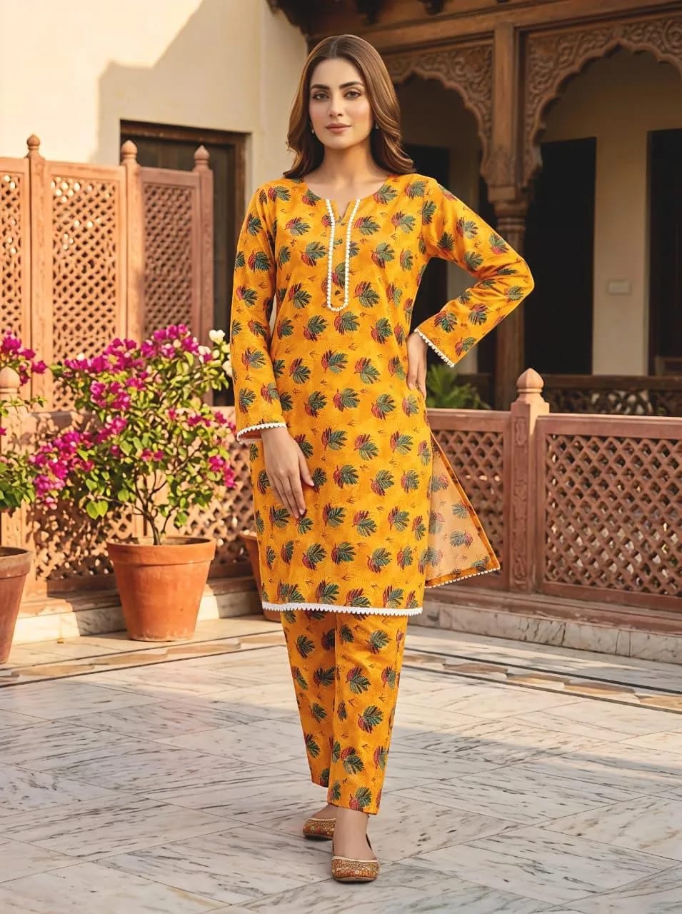 Cotton Lawn Leaf Print 2-Piece Set for Women