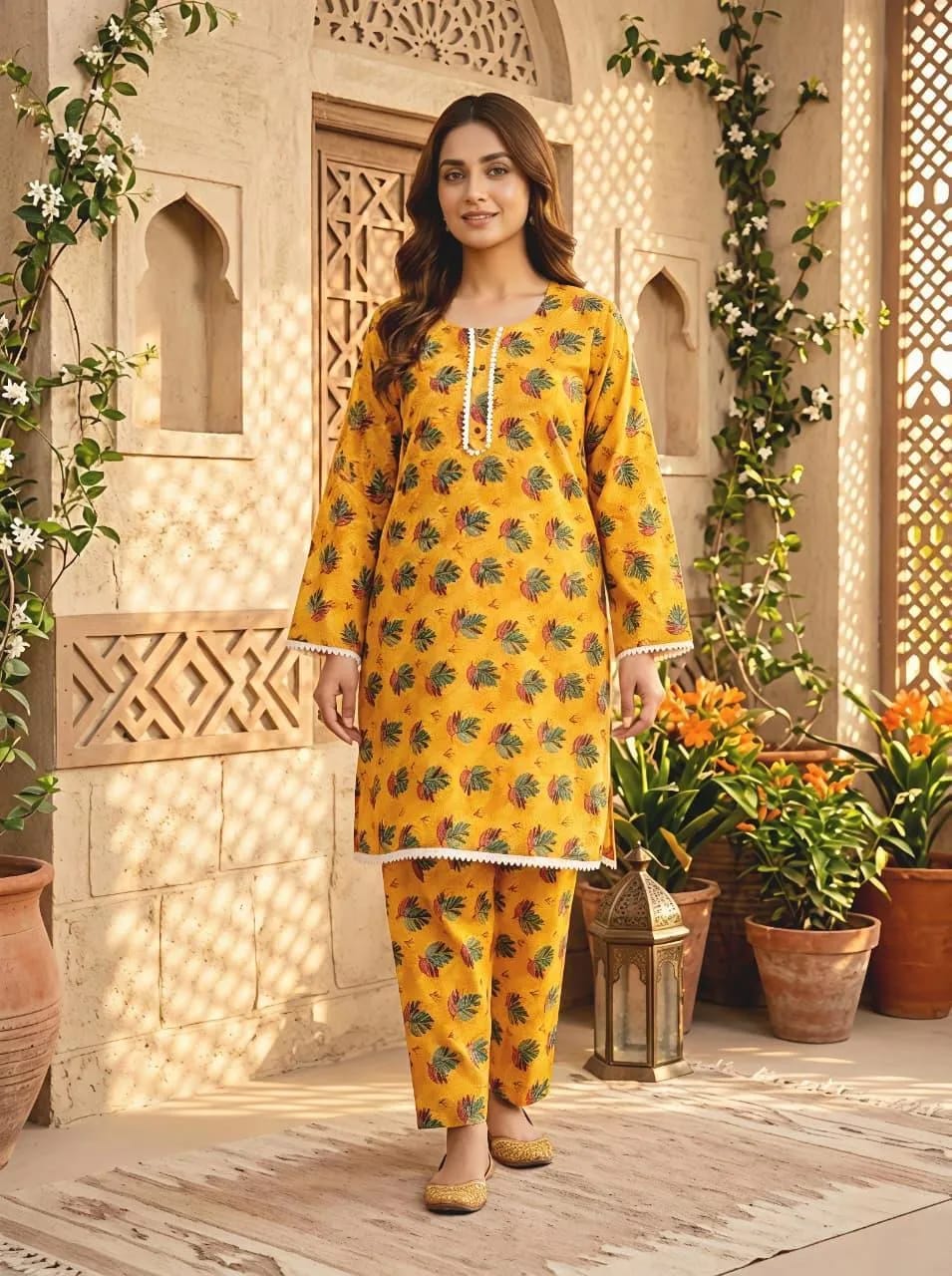 Cotton Lawn Leaf Print 2-Piece Set for Women