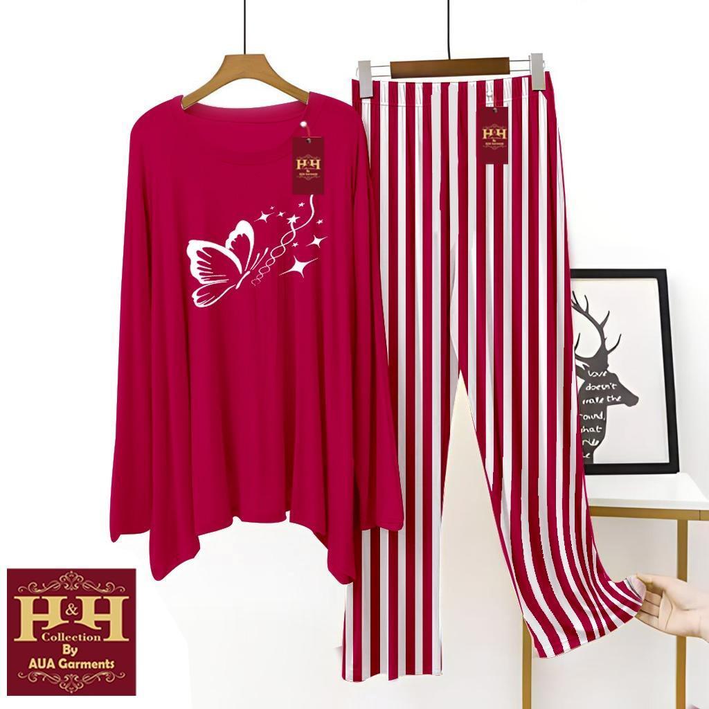 Women's Night Suit Red White Butterfly Print Cotton Jersey Set