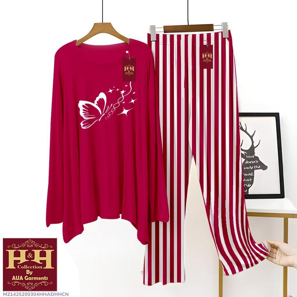 Women's Night Suit Red White Butterfly Print Cotton Jersey Set