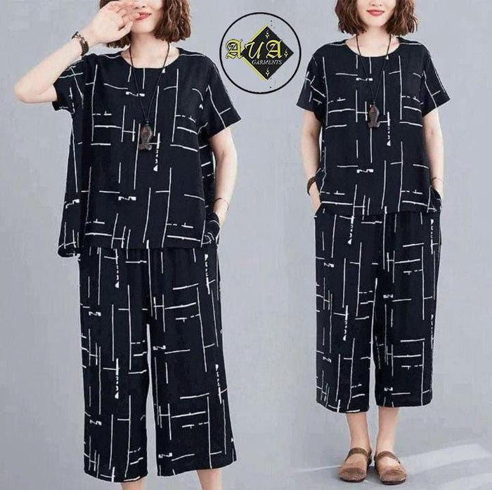 Women Cotton Night Suit Printed Black White 2-Piece Set