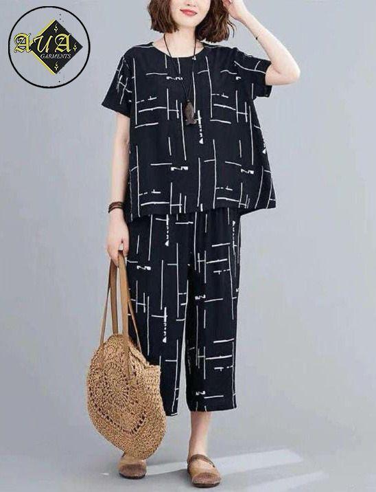 Women Cotton Night Suit Printed Black White 2-Piece Set