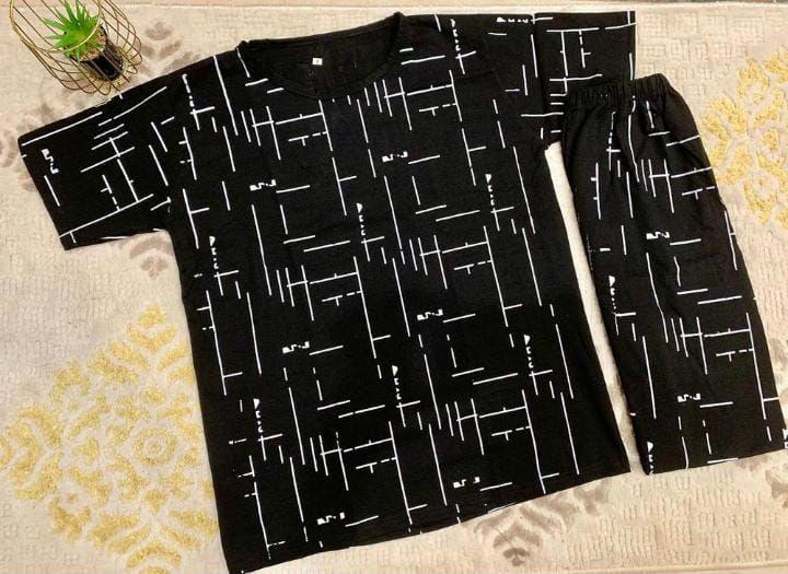 Women Cotton Night Suit Printed Black White 2-Piece Set