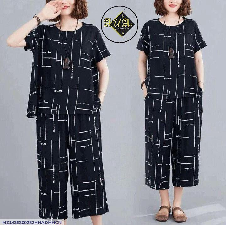 Women Cotton Night Suit Printed Black White 2-Piece Set