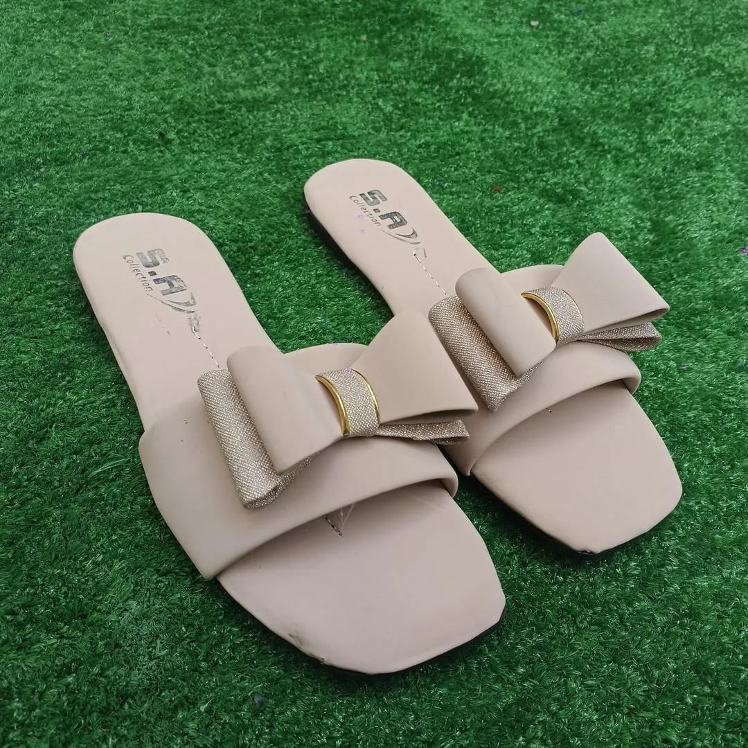 Women's Off White Rexine Bow Slides Casual Formal Wear