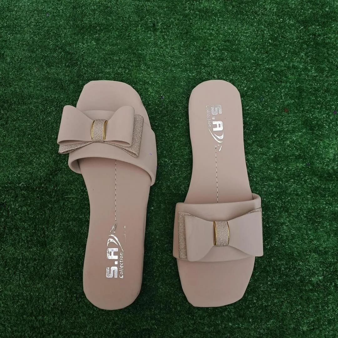 Women's Off White Rexine Bow Slides Casual Formal Wear