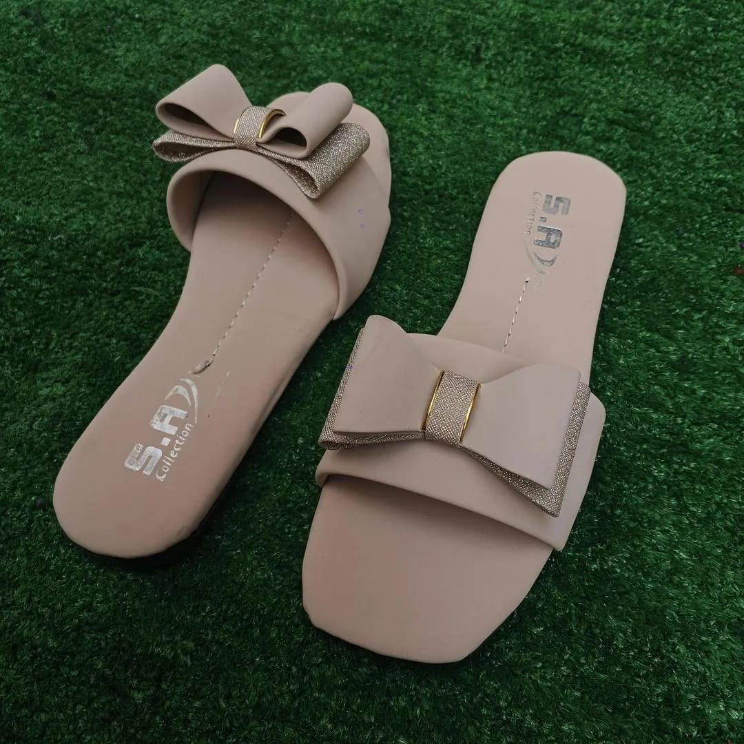 Women's Off White Rexine Bow Slides Casual Formal Wear