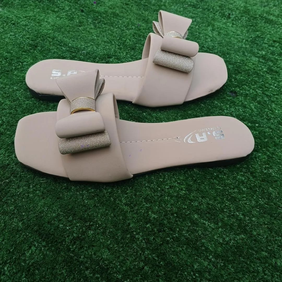Women's Off White Rexine Bow Slides Casual Formal Wear