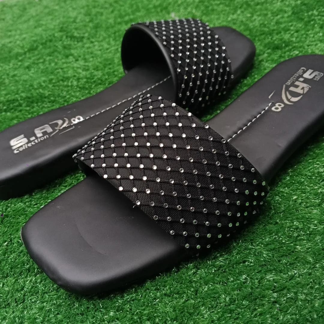 Black Rhinestone Women's Flat Slippers Size 6-10